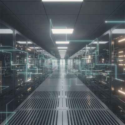 GROW with SAP. Futuristic data center with server racks, LED lights, and floating holographic blue shapes.