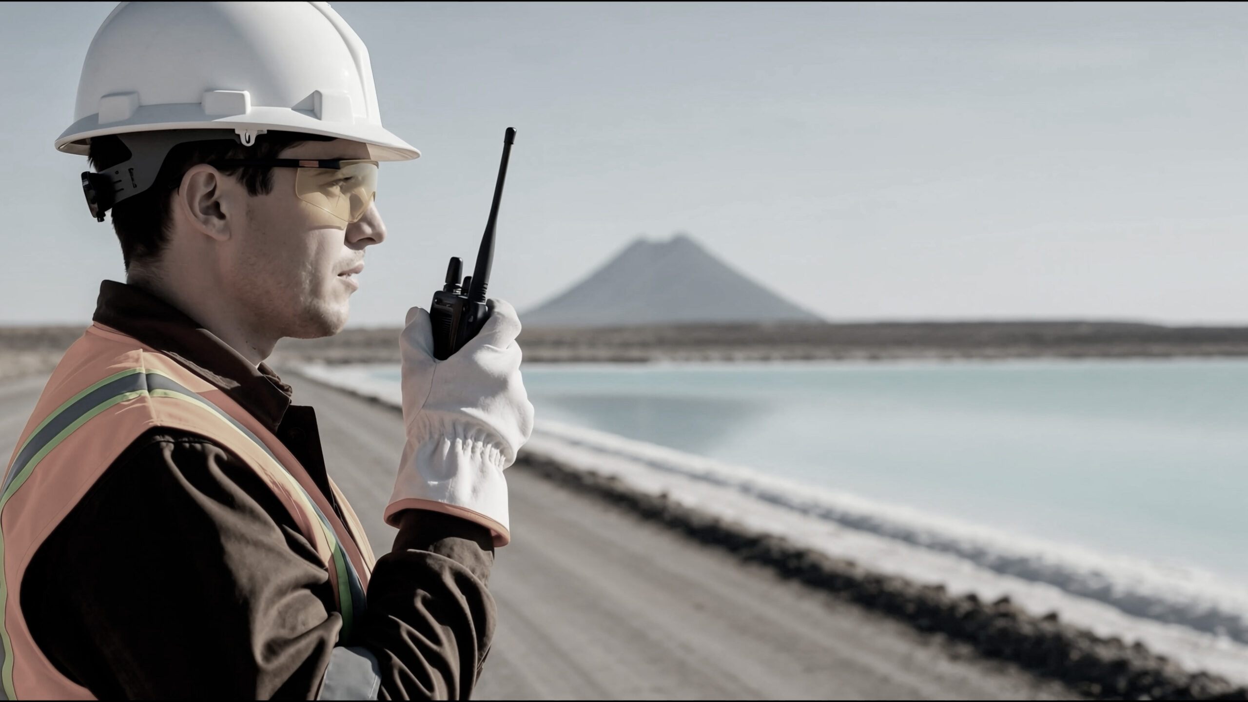 SQM enhances warehouse efficiency with SAP EWM. Mining site with white mineral piles, conveyor belt, and front loader with two workers.