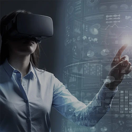 Unlocking AI readiness through process excellence. 10 Unlocking AI readiness through process excellence. Businesswoman using VR headset for AI-driven data visualization.