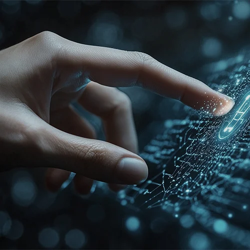 Tangible Growth in the era of AI. 2 Tangible growth in the era of AI. Hand touching digital interface with glowing technology icon.